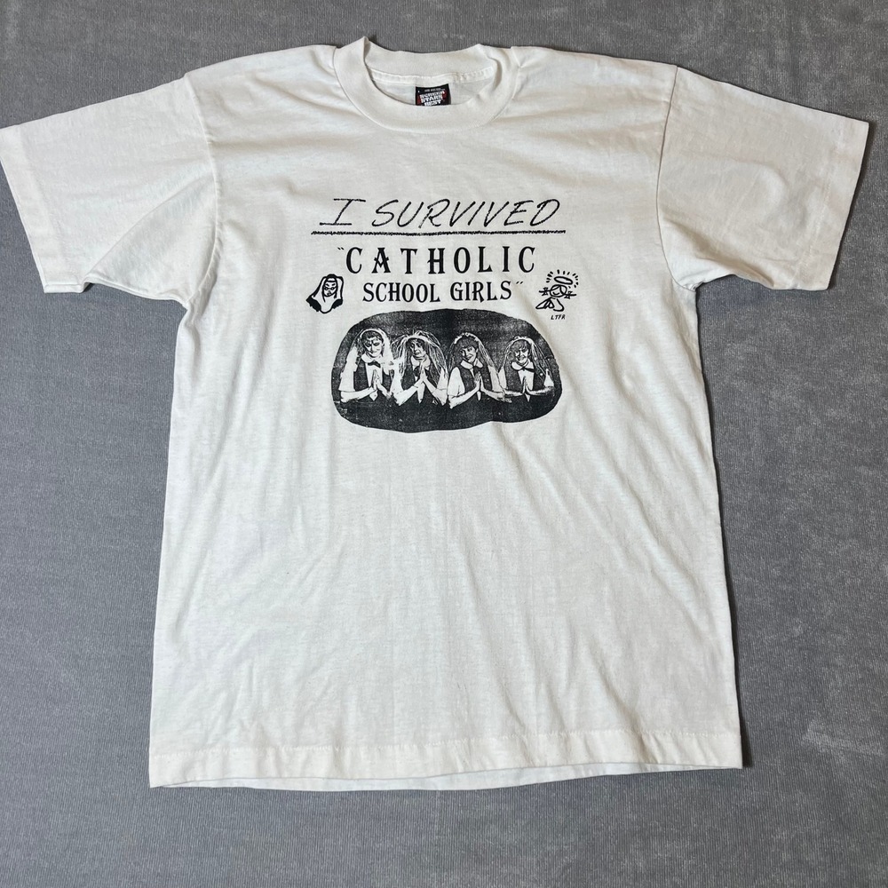 Vintage Screen Stars Best Womens Large I Survived Catholic School T Shirt White